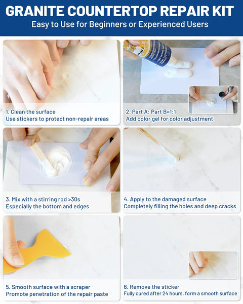 Steps for using granite countertop repair kit with white paste and color gels for tile, marble, and granite repair