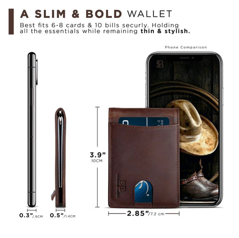 RFID Blocking Slim Bifold Leather Wallet for Men With Front Pocket Money Clip shown with size comparison to phone.