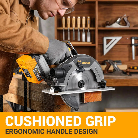 Heavy Duty 20 Volt Cordless Circular Saw Featuring Brushless Motor And 185 Mm Blade 4500 Rpm Speed Built In LED Light includes 4Ah battery, cutting through wood.