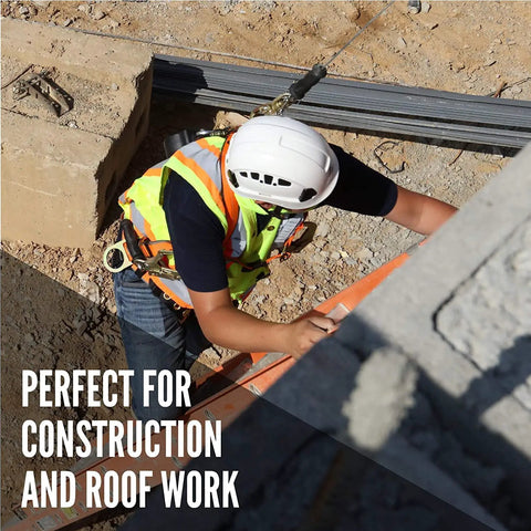 No Sweat 50 Foot Vertical Lifeline Rig With Ansi Certified Fall Arrest Harness And Industrial Grade Roof Anchor For Hardcore Crews Wanting Solid Daily Protection in use at a construction site.