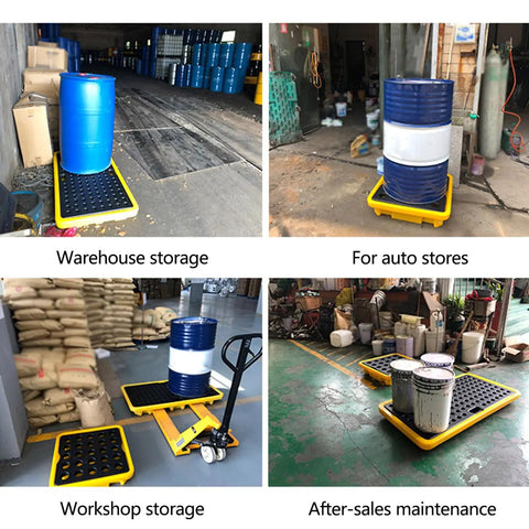 Stackable Drum Spill Containment Pallet With Drain, Detachable Garage, Modular Design For Easy Storage in use