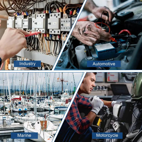 Collage showing uses of 1500 Piece Heat Shrink Butt Connector Kit for Marine and Auto Wiring in industry, automotive, marine, motorcycle.