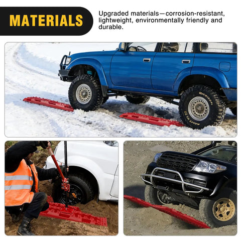 Heavy Duty Off Road Traction Boards With Jack Lift Base For Trucks SUVs Jeeps Tire Recovery Mats For Mud Snow Sand Dunes Includes Carry Bag And Mounting Kit 2 Piece Set shown in use with vehicles on various terrains.