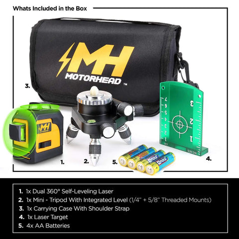 Self Leveling 360 Degree Green Cross Line Laser Level With Horizontal And Vertical Beams IP54 Dust And Water Resistant Pulse Mode 165 Ft Reach Comes With Mini Tripod Batteries Magnetic Target And Storage Bag contents