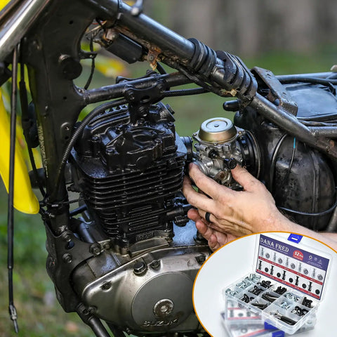 Motorcycle engine repair with 52 Piece Jack Nut Kit With Countersunk Socket Cap Screws for DIY installations visible in insert