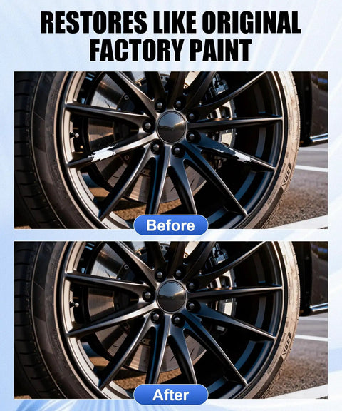 Before and after images of alloy wheels restored using Slick Gloss Black Rim Repair Kit For Universal Alloy Wheels Quick Curb Rash And Scratch Touch Up Pen No Sweat Three Step Wheel Paint Fix To Get Your Daily Ride Looking Fresh And Ready.