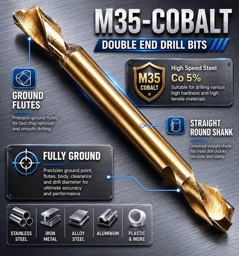 M35-Cobalt drill bit with ground flutes and straight shank, suitable for steel, metal, alloy, and plastics.
