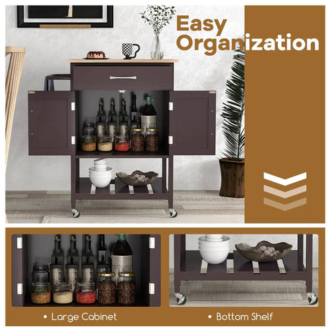 Slick Rolling Kitchen Island Cart With Dope Rubberwood Top And Quick Release Drawer Perfect Go To Coffee Bar Station With Deep Open Shelf And Convenient Towel Rack In Warm Honey Brown with large cabinet and bottom shelf.