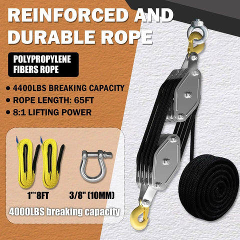 Upgraded Rope Hoist Pulley System 4400 Lbs Block And Tackle Kit with 304 Stainless Steel Shackle and Two Lift Slings 8 to 1 Ratio 65 Ft.