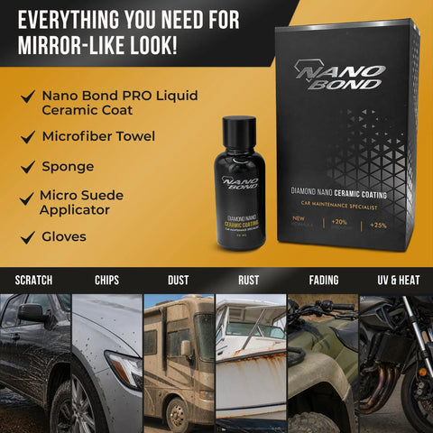 9H PRO Ceramic Coating Kit for Cars, Glass, Plastic and Wheels with tools, bottle and protective box on yellow background