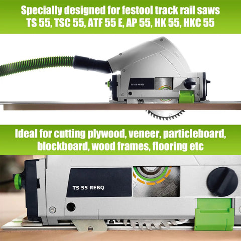 Close-up of Festool TS 55 with Beefed Up 160mm Track Saw Blade, 2.2mm Kerf, 20mm Arbor for precision cutting.