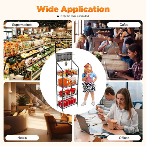 Heavy Duty Four Tier Mesh Display Rack With Ten Secure Hooks Mobile Snack Organizer Cart with various applications in cafes and supermarkets.