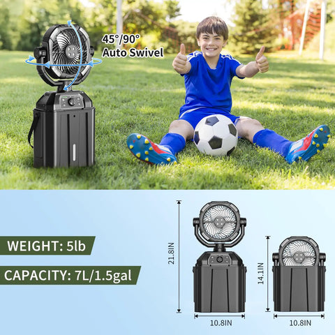 Rechargeable 9 Inch Misting Fan with Auto Swivel for Outdoor Chill next to boy sitting on grass with soccer ball, 7L water bucket