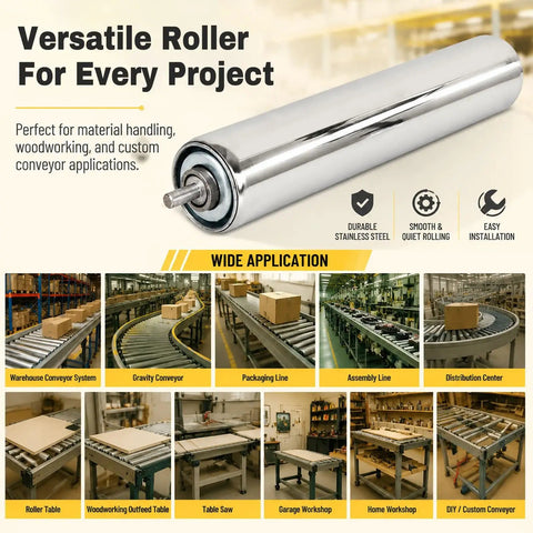 Stainless Steel Spring Loaded Conveyor Roller For Reel Mower Table Saw Outfeed Table, showing polished surface and end detail.