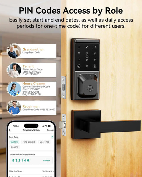 Keyless Entry Door Lock With Handle Set And Fingerprint Smart Deadbolt Featuring Touchscreen Keypad Apps And Fob Cards For Smooth Home Access and user role PIN codes.