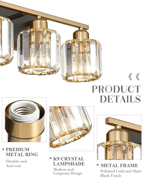 Crystal Vanity Lights 3 Light Bath Fixture With Polished Gold Finish and K9 Crystal Shine showing product details and materials.