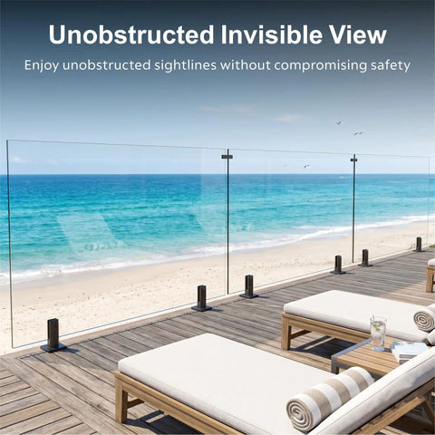 Heavy Duty Six Panel Frameless Tempered Glass Deck Railing Kit With Complete 2205 Stainless Steel Mounting Hardware, outdoor view with glass railing.