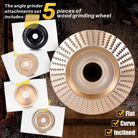 Heavy Duty Wood Carving Disc Set For Angle Grinders Featuring Savage Sharp Stump Grinding Teeth, Five Piece Kit showing various wood grinding wheels.