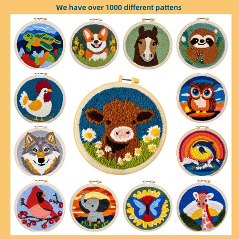 Collection of colorful embroidery patterns including animals within hoops on display, showcasing beginner punch needle kit designs.