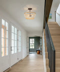 Wood Beaded Semi Flush Mount Ceiling Light 3 Light Farmhouse Boho Style Cozy Chandelier in hallway with white finish
