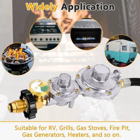 Two-stage propane regulator with hose and gauge for versatile use in grills, stoves, heaters, and RVs, ensuring steady gas flow.