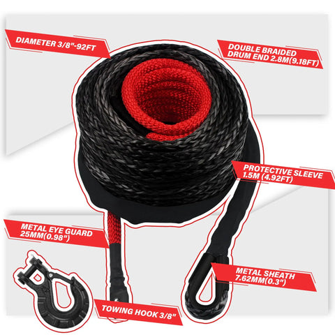 Three Eighths Inch Synthetic Winch Rope Kit With Hook For 4x4 Off Road Rigs, 27000 Lb Capacity with protective sleeve and hook visible.