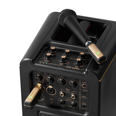 Black audio equipment with Spark Link XLR Wireless System For Dynamic Microphones Pro Grade Studio Audio setup on a speaker