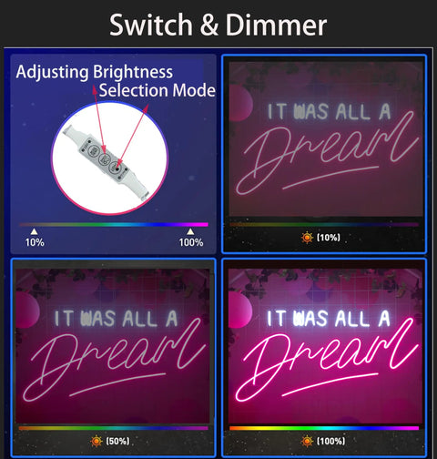 Brightness adjustment and dimming feature of It Was All a Dream Neon Sign For Bedroom LED Wall Decor Light With Dimmer