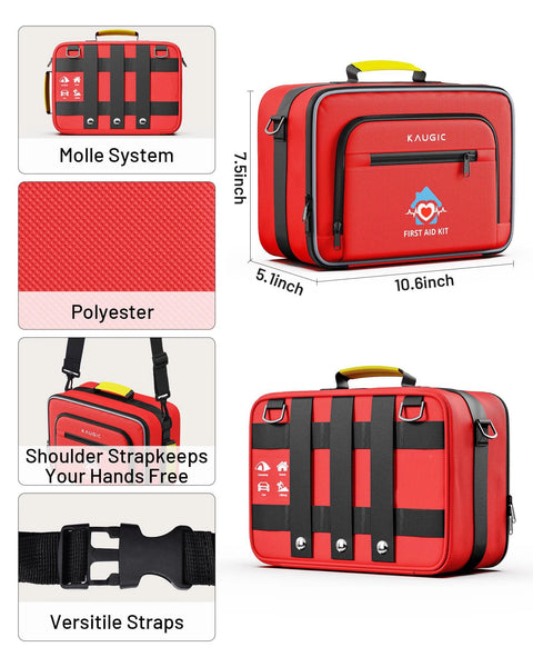 Front view of red KAUGIC outdoor first aid kit bag with yellow handle, Molle strap system, polyester