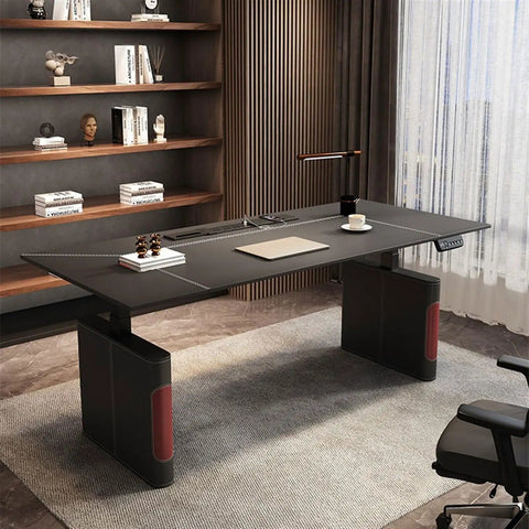 Electric Height Adjustable Standing Desk With Smooth Motor Lift Top For Home Office Workstation Rock Solid Construction For Your Study Setup, large black surface with modern design.