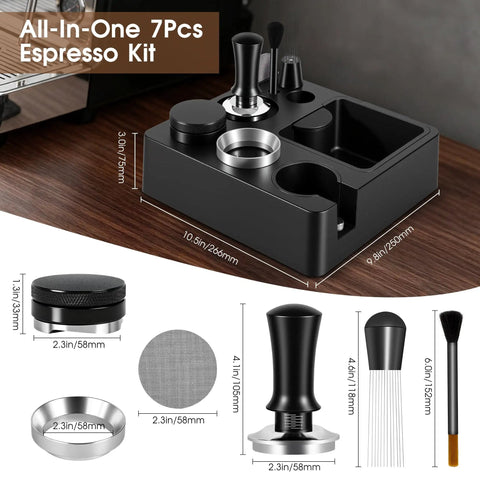 Kickass 58mm Espresso Accessories Kit With Integrated Tamping Station Knock Box Tamper for home baristas in black finish.