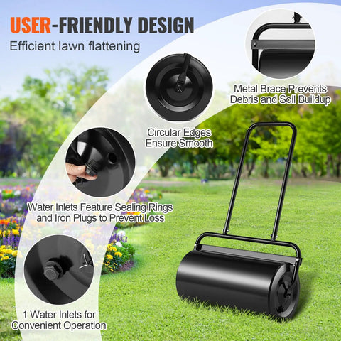 Large Capacity Lawn Roller 13 Gallon Heavy Duty Steel Sand Or Water Filled With Easy Turn Plug And U Shaped Ergonomic Handle