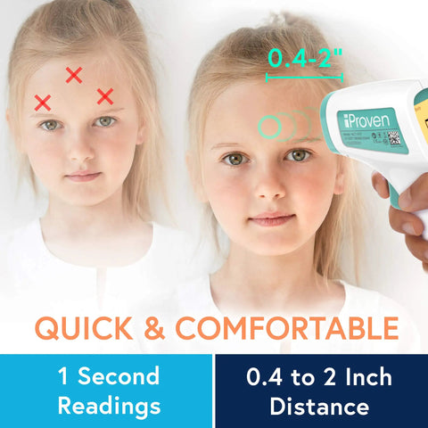 Infrared Touchless Forehead Thermometer For Adults And Kids, Fast Accurate Non Contact Temperature Readings From Safe 0.4 To 2 Inches, Perfect For Babies Children And Family Health Checks. Child forehead temperature check with infrared thermometer, 0.4 to 2 inch range