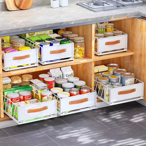 Top Shelf Pull Out Cabinet Organizer With Adhesive Nano Film Hella Sturdy Slide Out Pantry Shelves And Sliding Mesh Basket With Handle For Kitchen Bathroom And Home 11 Point 8 By 15 Point 7 By 6 Point 2 Inches White with organized pantry items.