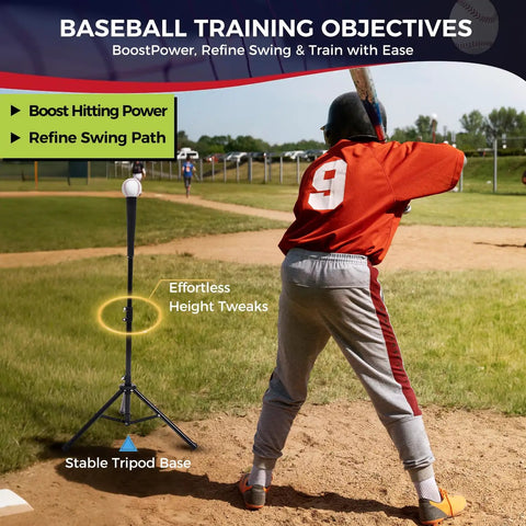 Adjustable Batting Tee With Tripod For Baseball And Softball, Height From 29.5 To 41.3 Inches, baseball player using tee on field