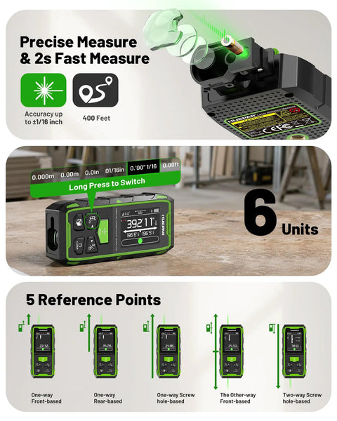 Nailing Every Job With This Upgraded Dual Laser Distance Meter Brings 395 Foot Range And Blazing Green Beams For Rock Solid 1/16 Inch Readings Plus Smooth Phone App Pairing displayed on a work surface with measurement details.