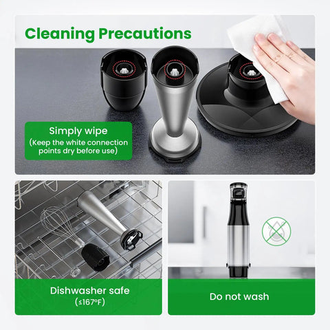 Cleaning guidelines for Heavy Duty Immersion Blender Handheld Corded 1100W Full Copper Motor 5-in-1 Hand Blender Set.