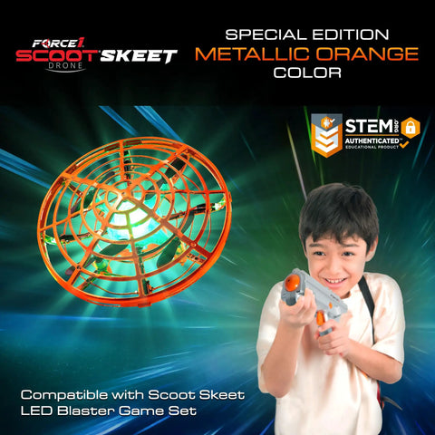 Scoot Skeet Mini Drone Shooting Game For Kids Drone Only Hand Drones Compatible With Scoot Skeet LED Blaster Indoor Target Game Orange Rechargeable Battery USB Charger Included Indoor Fun Family Friendly Tech Toy with boy aiming blaster.