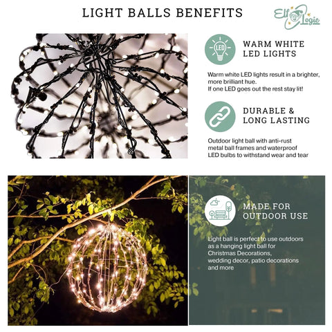 Top view of 16 Inch LED Light Ball for Indoor and Outdoor Use with Warm White Lights, waterproof metal frame folded flat.