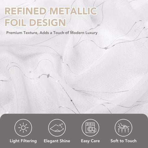Oeko-Tex Certified Sheer Foil Print Curtains with metallic silver design, highlighting light-filtering and easy care features.