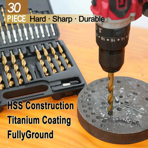 Titanium Coated HSS Twist Drill Bit Set With Hex Shank, 30 Pc in storage case and drill in metal plate