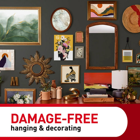 Sticky Nail Sawtooth Picture Hangers 3 Pack Damage Free Wall Mounts with various decor items on a wall