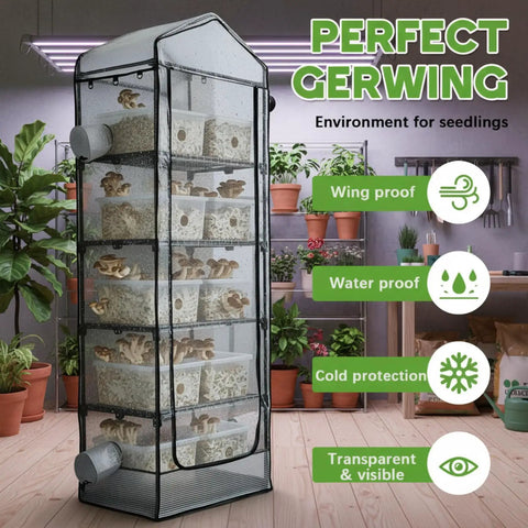 5 Tier Extra Tall Mushroom Grow Tent Kit With Light And Timer 80 By 19 By 27 Inch Greenhouse showcasing five growing shelves.