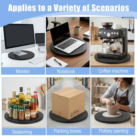 3 Pack 12 Inch Heavy Duty Rotating Swivel Stands That Roll Smooth as Butter With 360 Degree Lazy Susan Spin for Kicking Your Kitchen Cabinet Chaos to the Curb While Keeping Your Space Spick and Span, showcasing uses for a monitor, notebook, coffee machine, seasoning, packing boxes, and pottery.