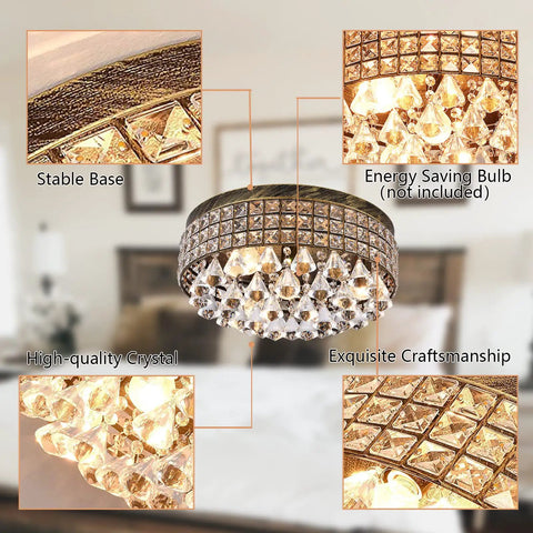 4 Light Traditional Crystal Chandelier In Bronze Drum Ceiling Light Fixture With Round Metal Shade And Raindrop Crystals