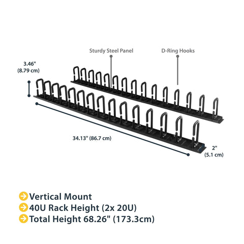 Two Pack Vertical Cable Management For 19 Inch Racks, 20U Plus, D Ring Hook Organizers, 40U Cord Manager Panels with dimensions