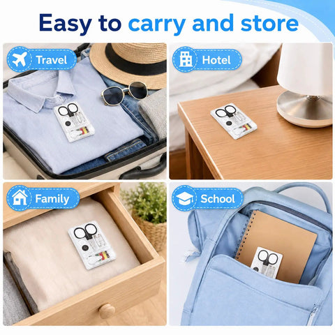 25 Pack Mini Sewing Kits Bulk On The Go Quick Fix Solid Wardrobe Essentials in a travel suitcase and backpack.