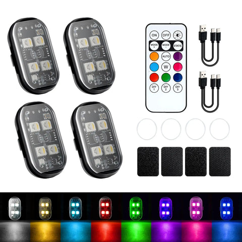 Wireless LED Strobe Lights Kit with remote, USB cables, four lamp beads shown with eight color options and accessories.
