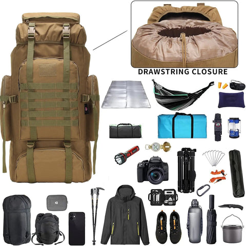 Beefy 70 Liter And 100 Liter Hiking Backpack For Men, Military Style Rucksack With Molle System, shown with camping gear.