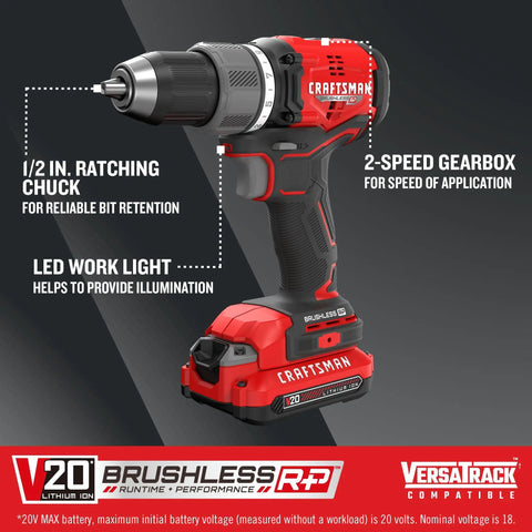 Brushless Cordless Drill Driver Kit With Two Batteries And Charger, 1/2 Inch Ratcheting Chuck, featuring LED Work Light